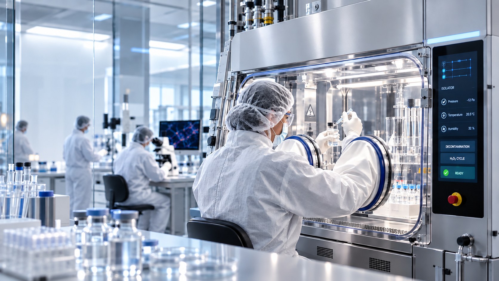 Scientist working at a pharmaceutical isolator in a cleanroom laboratory