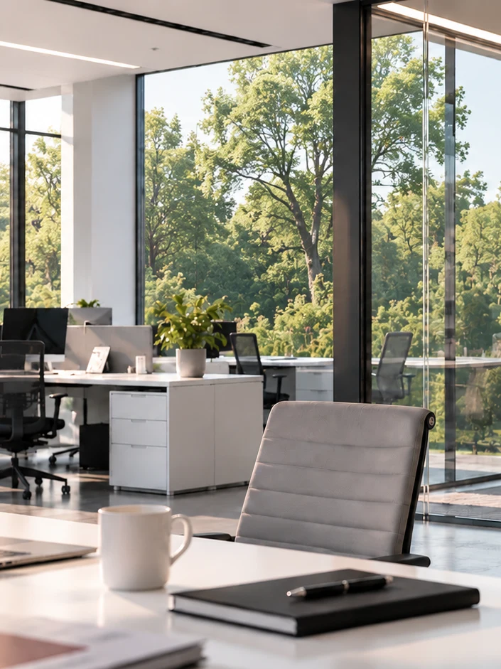 Bright modern office interior with a garden view